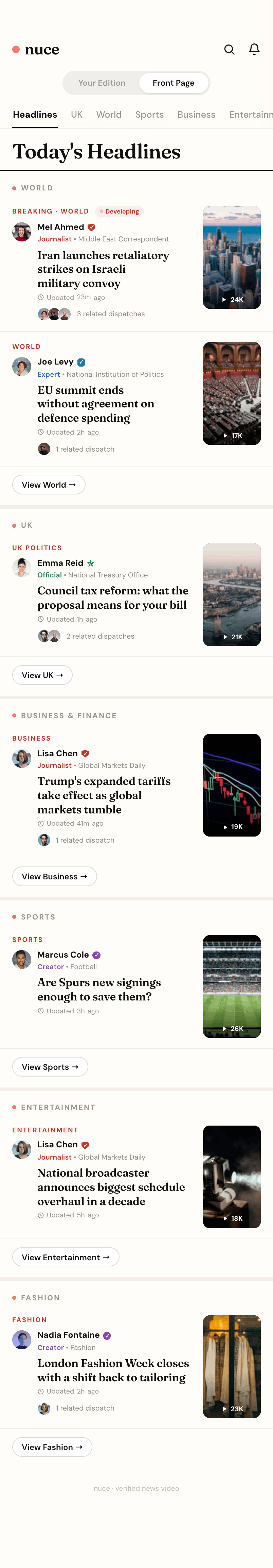 The nuce front page: verified journalists reporting the day's headlines.